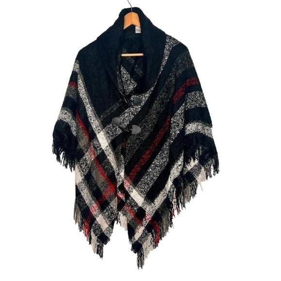 Plaid Fringed 2-Button Batwing Cape Poncho Cardigan. One Size. - Picture 1 of 11
